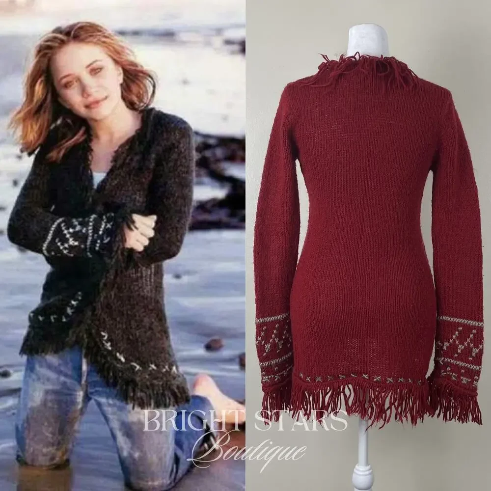 Rare Vintage Knit Cardigan Fringe ALT Red ASO Mary-Kate Olsen Ashley Olsen